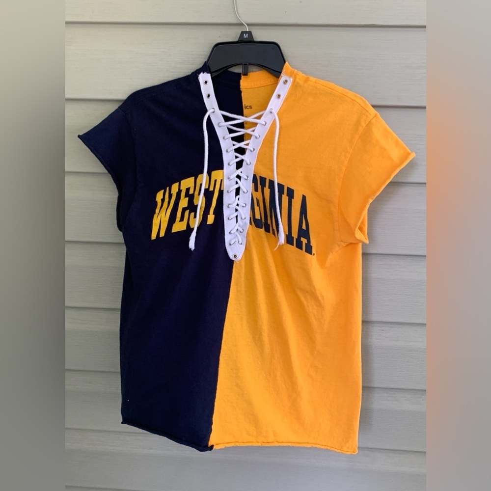 WEST VIRGINIA custom lace up t-shirt Mountaineers blue gold WVU sports S/M EUC